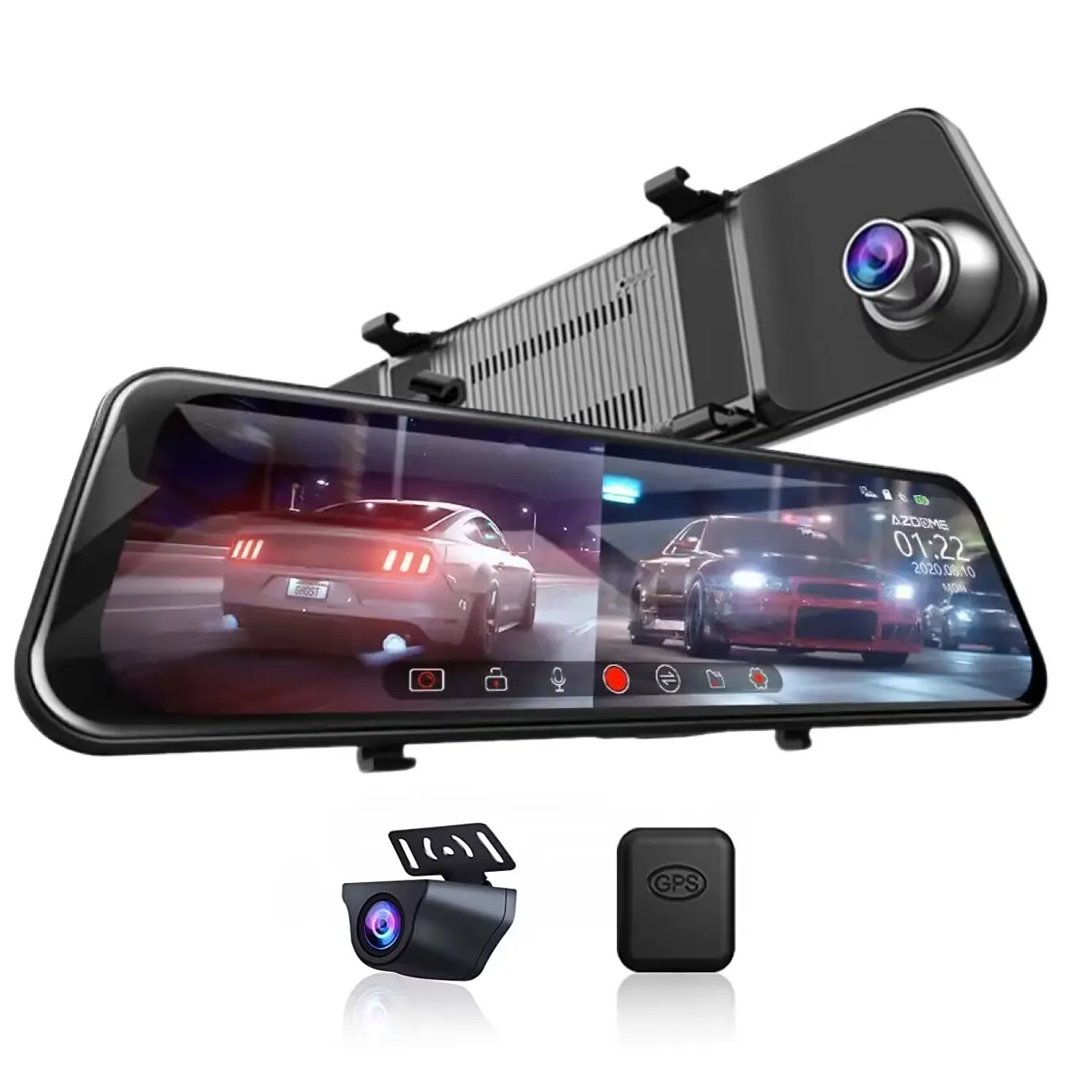 4K+2.5K 2Ch-Dash Cam 11.8'' Touch Screen RearView ADAS Cam Car DVR GPS 5.8GHz-Wifi Video Recorder 24H Parking Modes NightVision