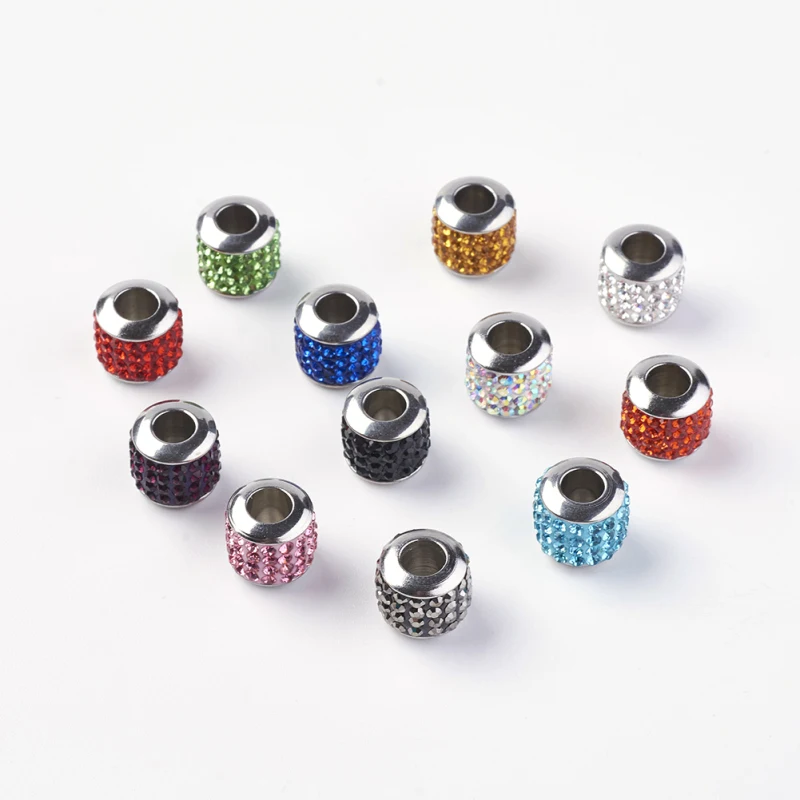 10pcs 304 Stainless Steel European Beads Rhinestone Beads Large Hole Beads Barrel for DIY Craft Jewelry Making 10x9.5mm