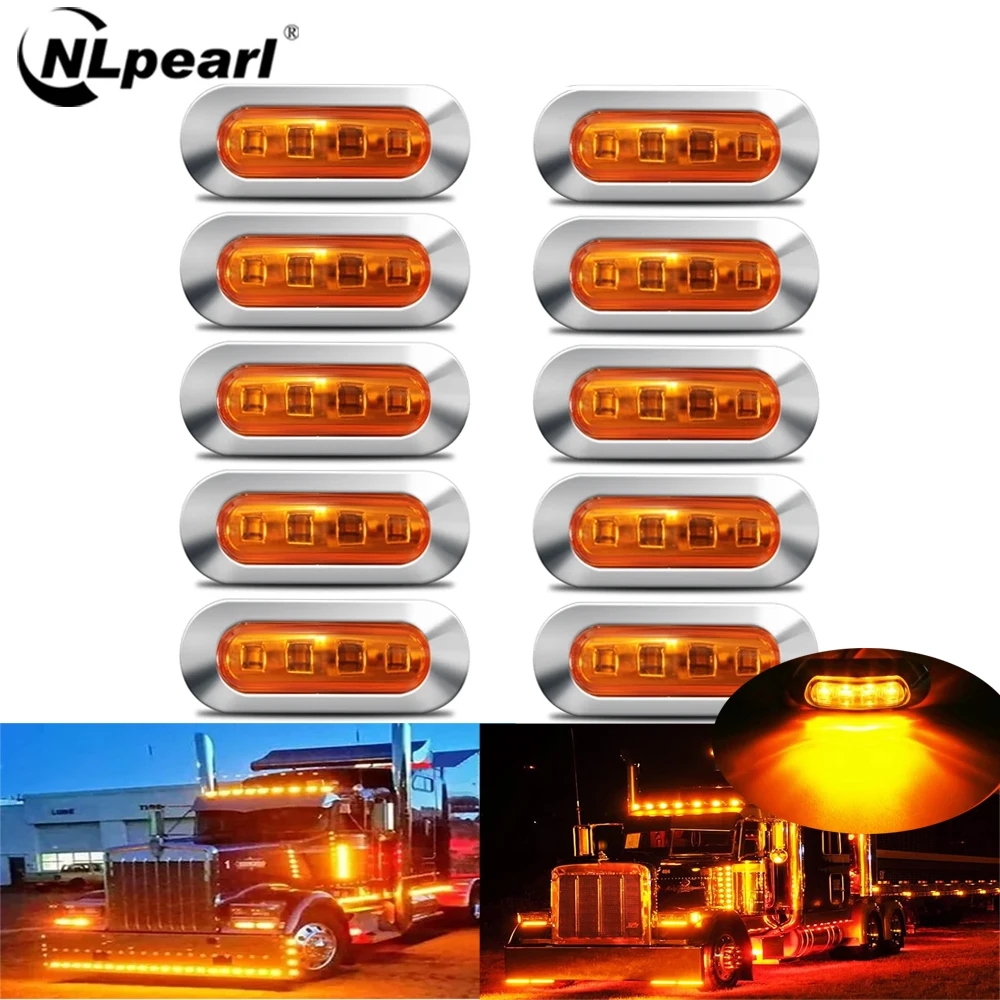 NLpearl 10PCS 12V 24V 4LED Side Marker Lights Oval Front Rear Clearance Indicator Lamp for Bus Truck Lorry Trailer Boat Car