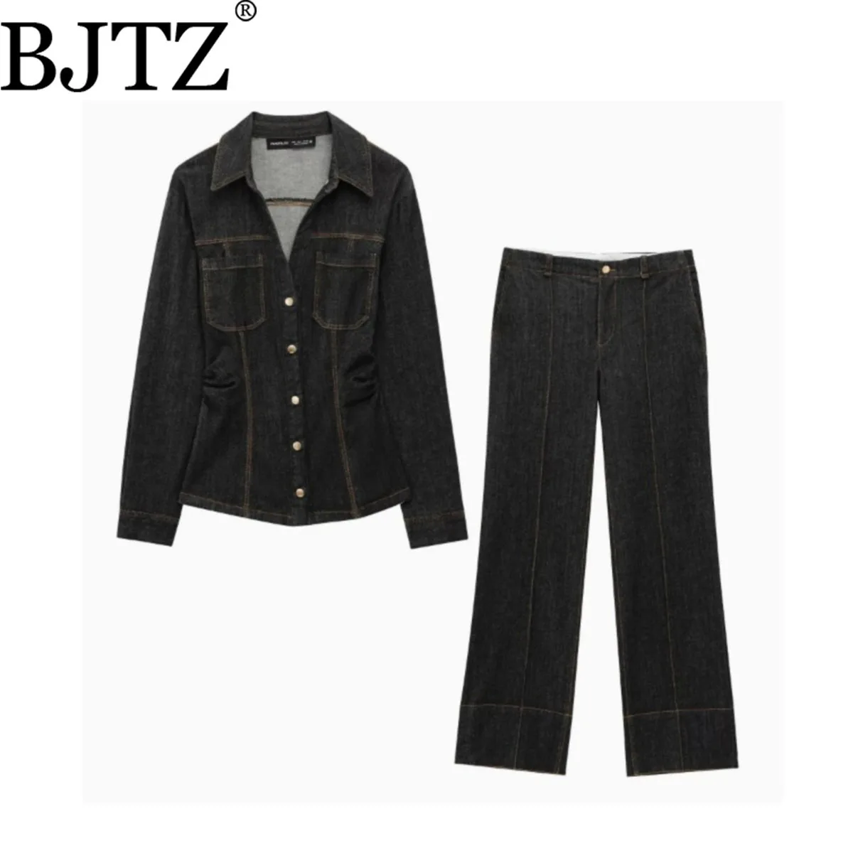 

BJTZ женская мода с отложным воротником, вышитая верхняя часть, декоративная двойная карман, свободная универсальная джинсовая ткань, весна-осень 202, новый тренд
