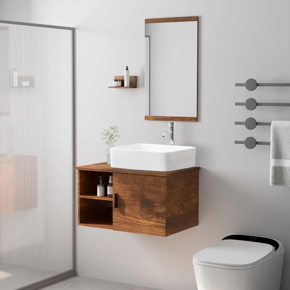 

28" Bathroom Vanity Sink Combo Wall Mounted Floating Cabinet W/Open Shelves Vessel Sink W/Mirror, Water Save Faucet