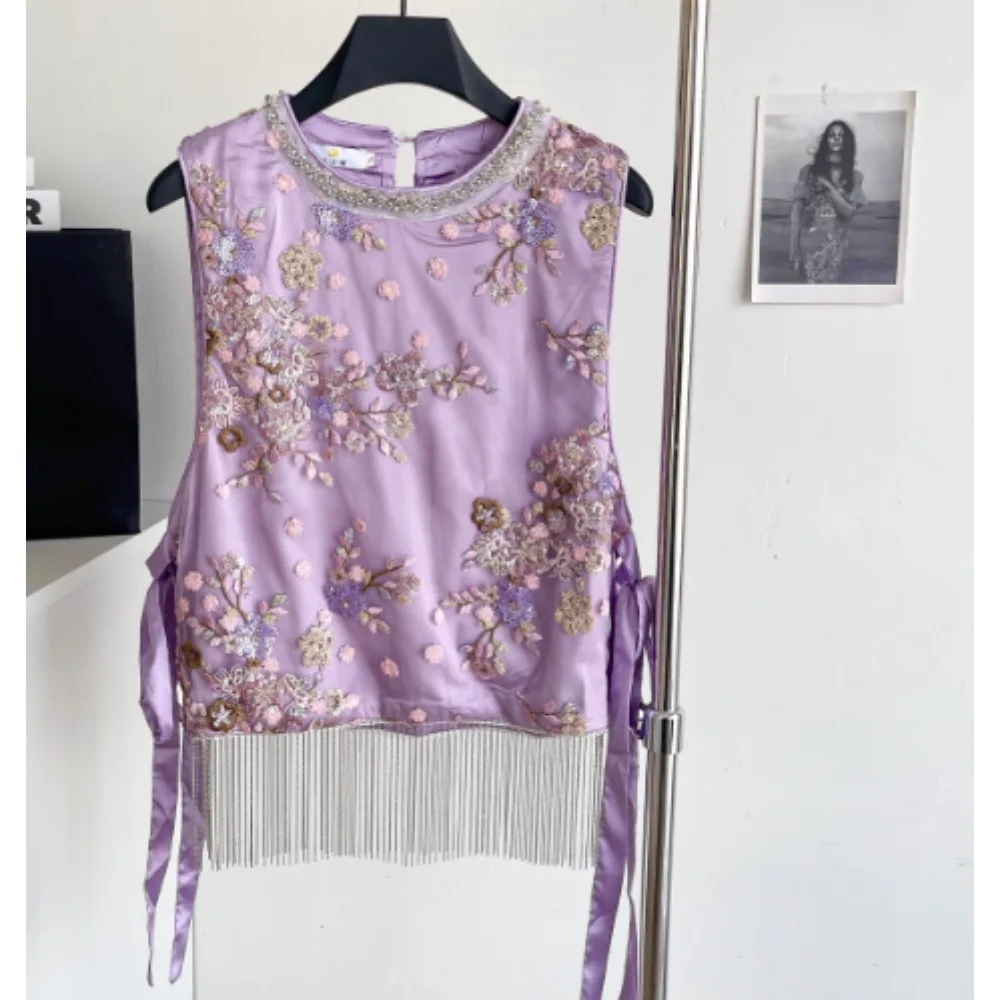 

Vintage Elegant chic sleeveless Embroidered tassel sequin Blouse Fashion Shirt Casual Fairy Women Shirt