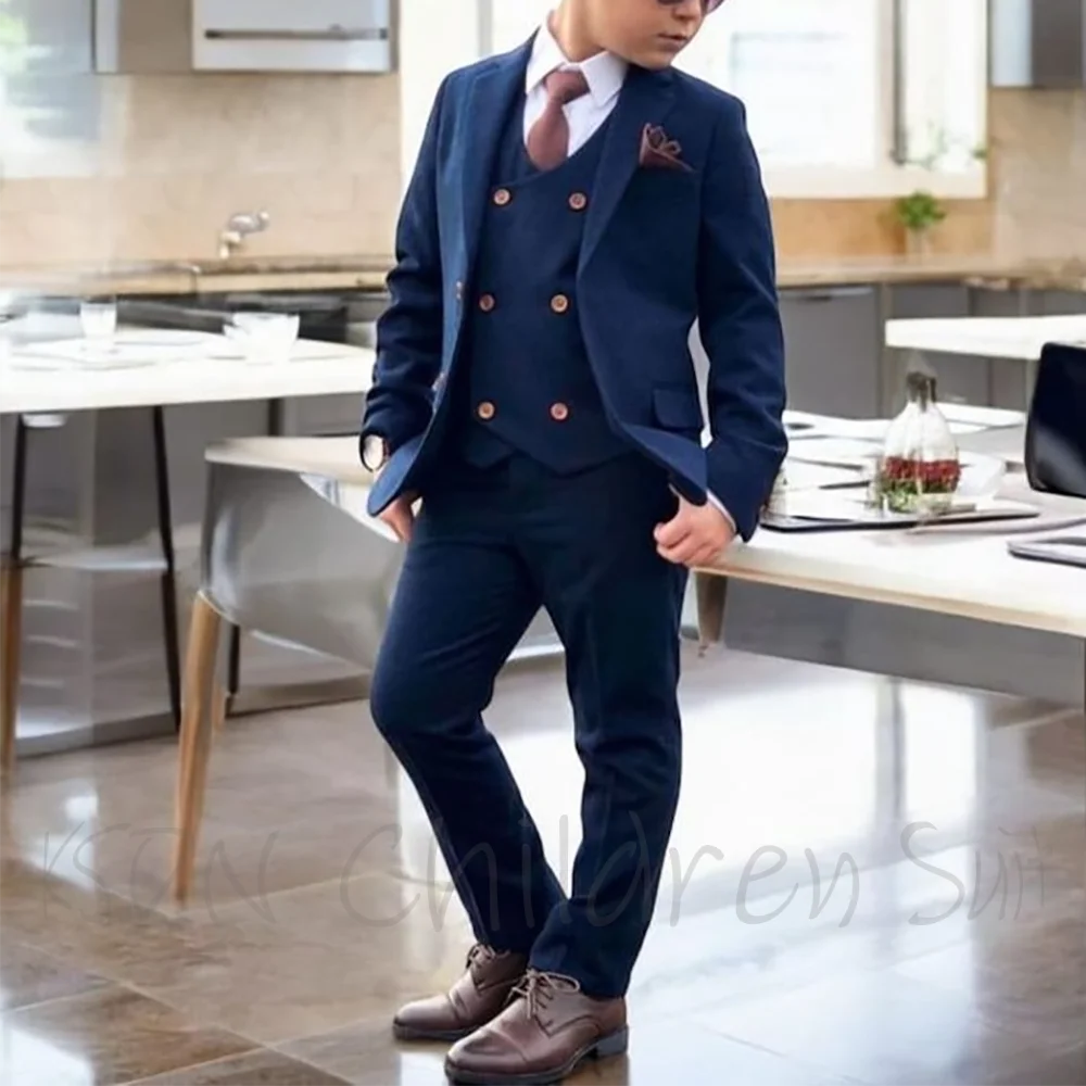 

Navy Blue Boys Suit Three Pieces Classic Peaked Lapel Slim Fitted Casual Fashion Outfit Birthday Party Prom Children Set