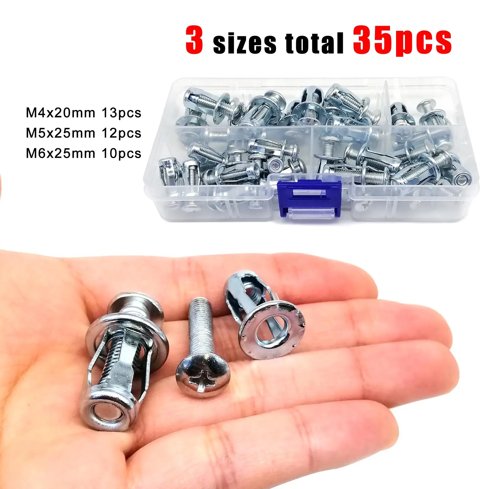 35pcs Mix M4 M5 M6 Jack Nut Expansion Rivets Nut Screw Bolt Kit Box for Hollow Wall Iron Skin Clamp Petal Shape Anchors Plugs