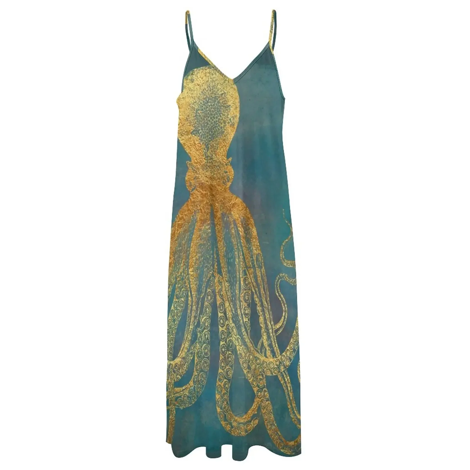 Vestido largo sin mangas con textura marina para mujer, traje elegante de pulpo dorado, Deep Sea Life II