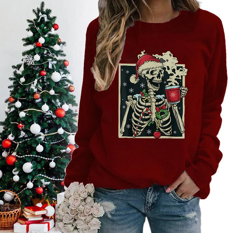 Funny Christmas Skeleton Print Sweatshirt For Women Fashion Christmas Coffee Casual Crew Neck Graphic Sarcastic Sweatshirt