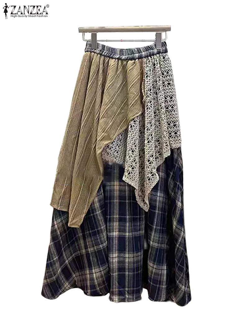 

ZANZEA Women Skirts Lace Plaid Overskirts Vintage Asymmetrical Ankle-Length Bottoms 2025 Patchwork Casual Lace Hollow Out Skirts
