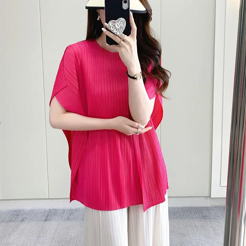  Pleated T-Shirt 2026 Summer New Loose Split Sleeve Simple Casual Fashion Women's Draped Elastic Commuter No-Iron Top