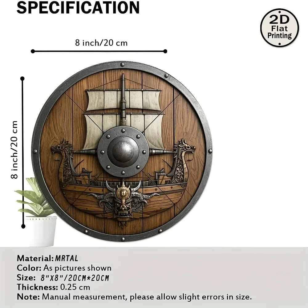 Viking Longship Round Wooden Hanging Sign 2D Flat Print Dragon Warship Shield Pattern Wood Plaque Wall Decor Vintage Norse Nautical Style Wall Art Gift For Bedroom Bar Man Cave Themed Decor