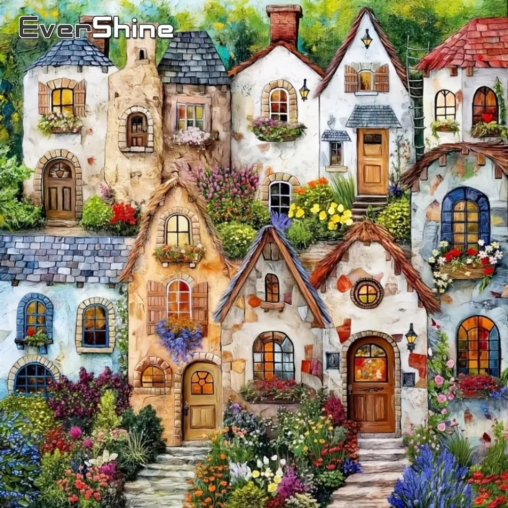 EverShine DIY Diamant-Mosaik Landschaftshaus Kreuzstich-Malerei Abstraktes Set Bild mit Strass Wohnzimmer-Kunsthandwerk