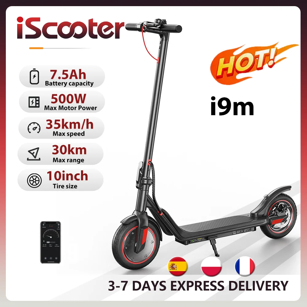 Trottinette électrique iScooter i9m 7.5Ah 500W, pliable, autonomie 30 km, vitesse 15-35 km/h, pneus de 10 pouces, avec application.