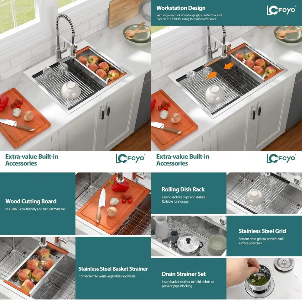 

Contemporary Deep Stainless Steel Single Bowl Kitchen Sink, 28x22 Top Mount, 16 Gauge, Drop-In Workstation, Handmade, Ledge Styl