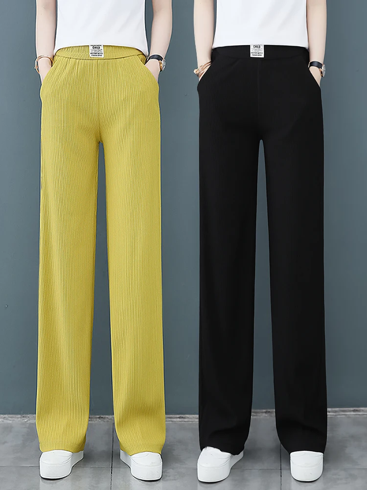 

Женские летние тонкие брюки с высокой талией и широкими штанинами, эластичные, свободные, струящиеся, повседневные, прямого кроя, из ледяного шелка, в корейском стиле, для офиса и повседневной носки