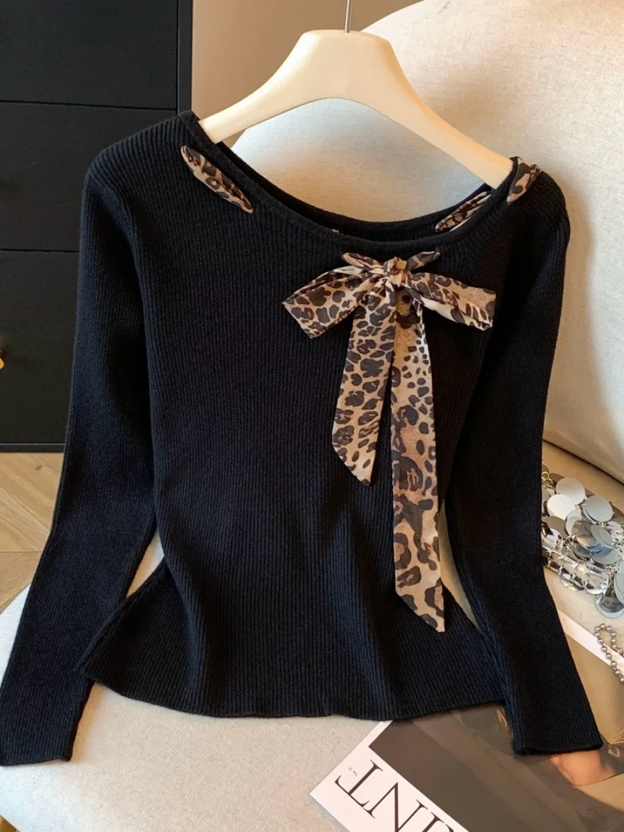 تأثير التخسيس ليوبارد طباعة محبوك طويل Sve تي شيرت المرأة أوائل الخريف المجهزة قاعدة irt ملابس داخلية مع حزام