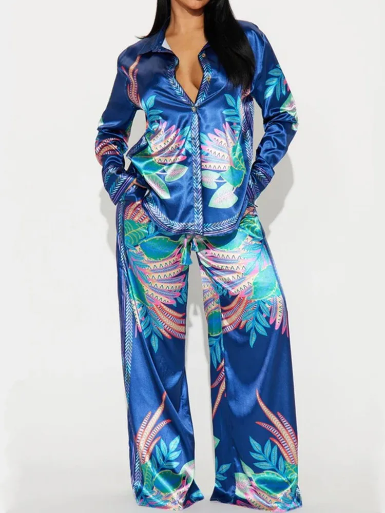 

2 Pieces Women's Sets 2025 Summer Autumn Flower Print Shirt Blouse Suit Tops And Pants Suits Two Piece Set Tracksuit Outfit