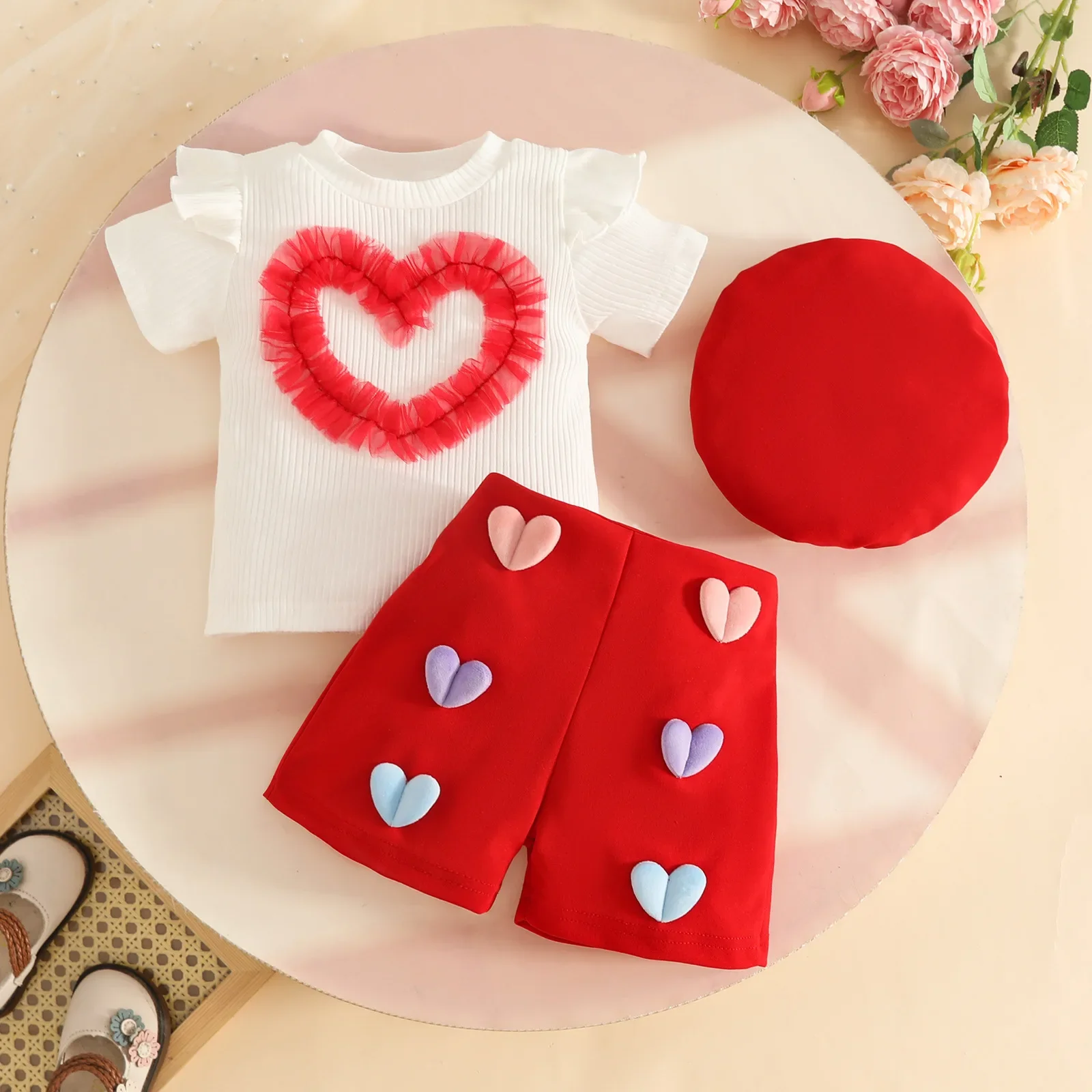 Zestaw na Walentynki dla dziewczynki: uroczy tiulowy komplet z nadrukiem serduszek, składający się z bluzki z krótkim rękawem, szortów i beretki.