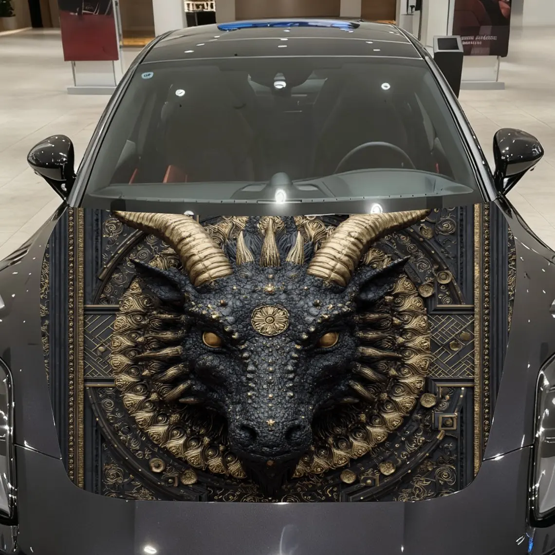 Black Dragon Totem Car Hood Decal - PVC Realistic Pattern Design, Universal Fit For General Motors & Racing Cars, Durable Extern