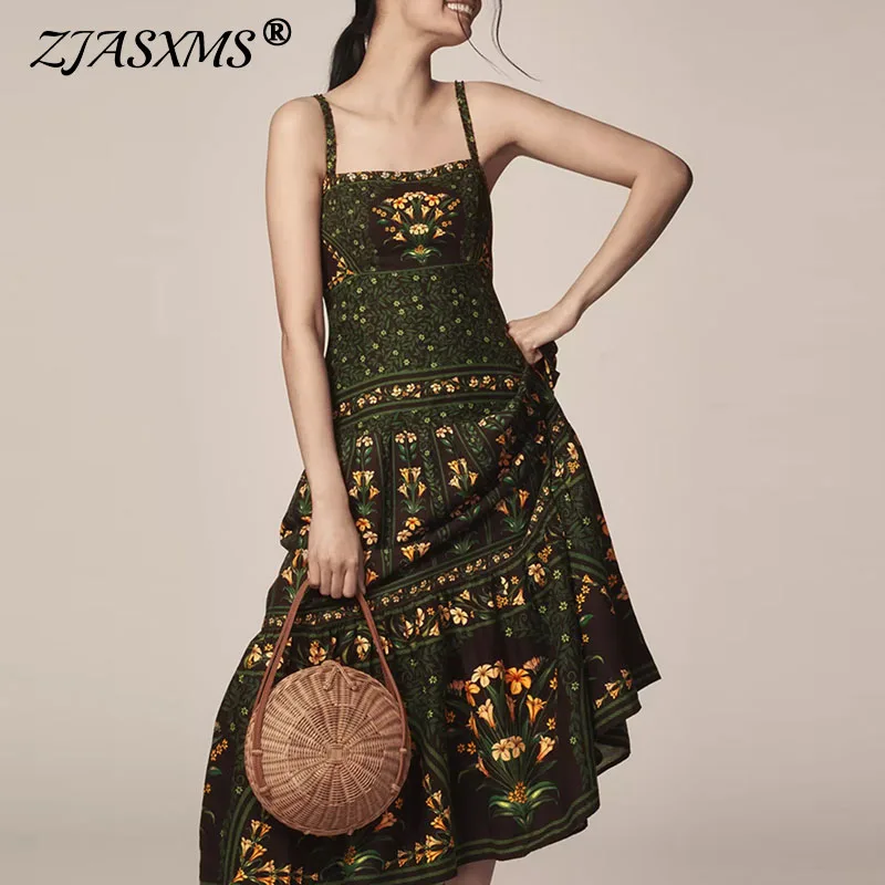 에스닉 빈티지 프린트 A라인 보헤미안 드레스 여성 봄 슬래시 넥 홀터넥 슬링 드레스 신상 여름 백리스 지퍼 플리츠 롱 드레스