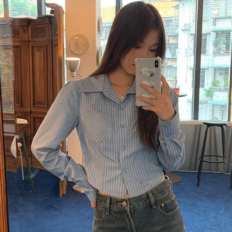 Preppy Style Striped Crop Shirt Women Vintage Blue Jk Long Sleeve Blouse Korean Fashion All Match Slim Fit Female Tops
