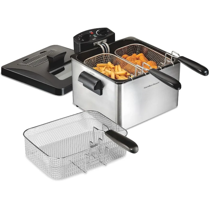 Freidora eléctrica Hamilton Beach con 3 cestas y tapa, capacidad de aceite de 4,5 litros / 19 tazas, control de temperatura, ventana de visualización