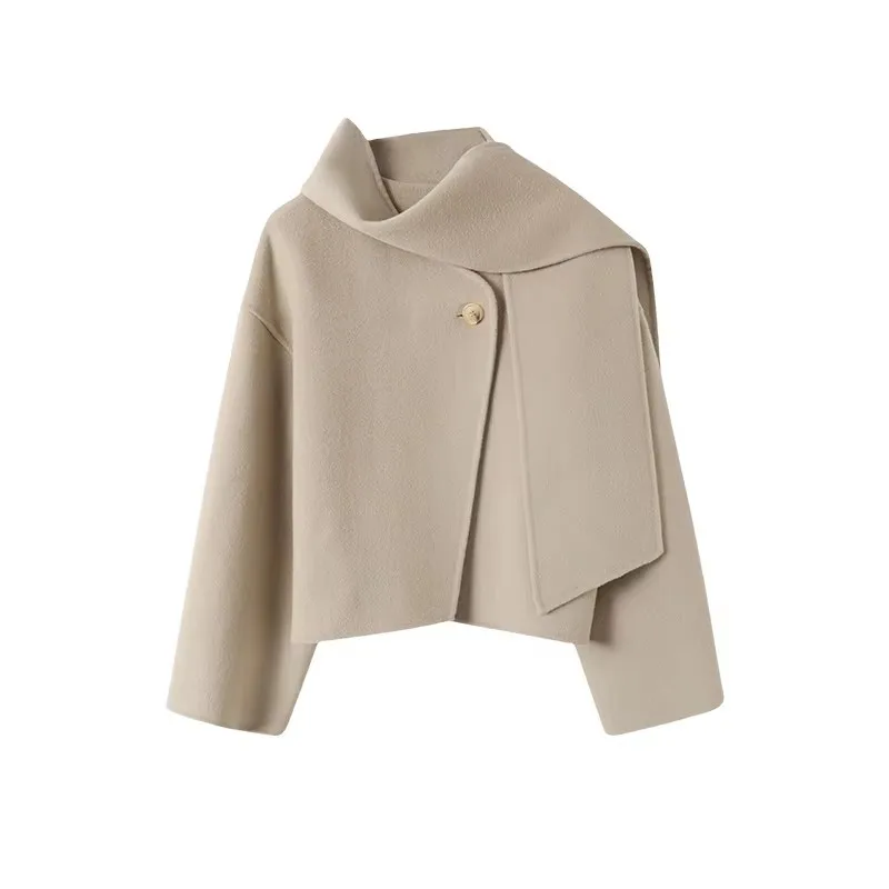 CAIXINGLE Damen-Kurzmantel aus Wolle mit Rundhalsausschnitt, hochwertiges, modisches Oberteil aus 100 % reiner Wolle mit Schal für Herbst und Winter