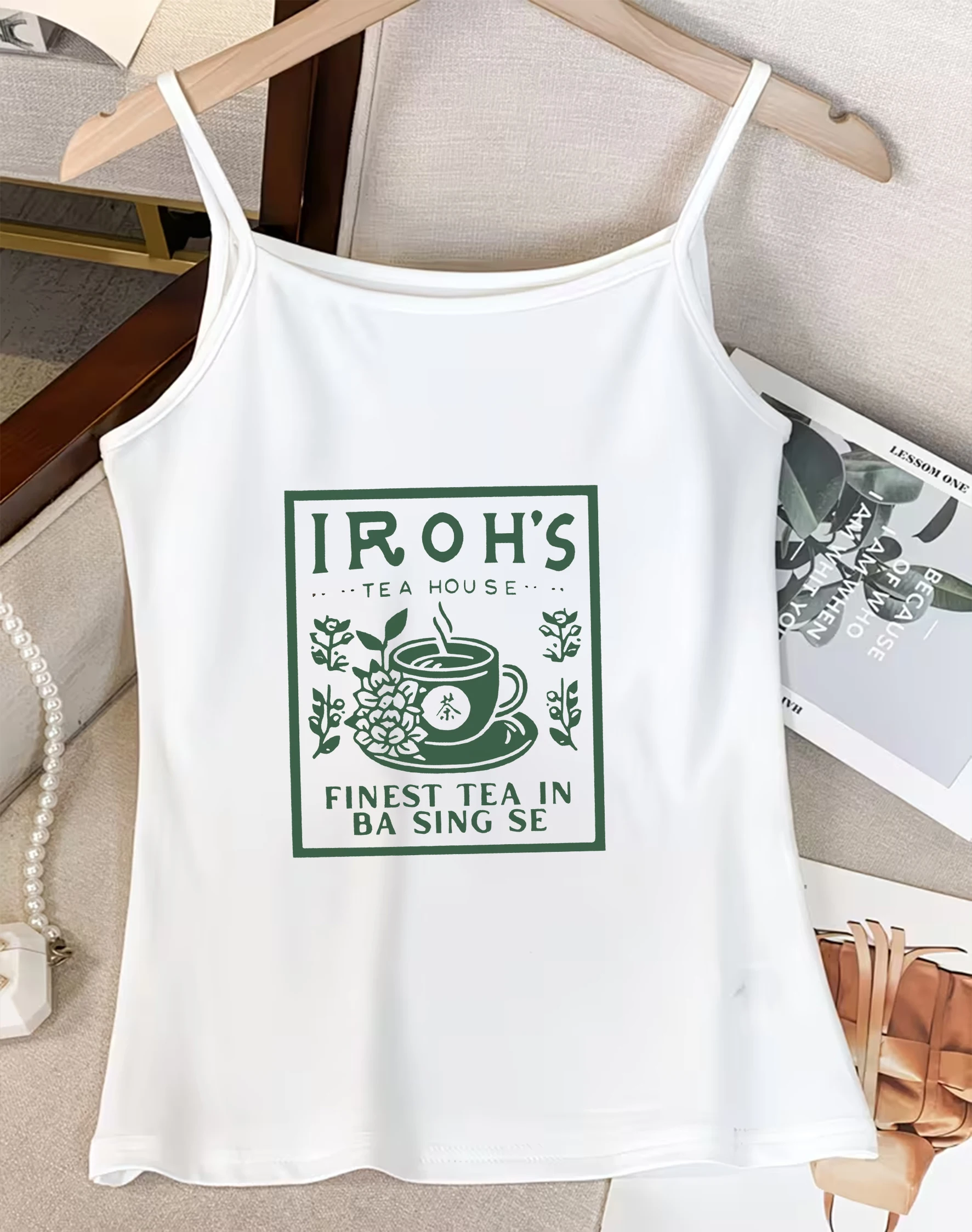Cute Green Tea House Cup Pattern Cami Top Vintage Lettering Sign Art Graphic Print Camisole Casual Summer Tank Top Shirt Women