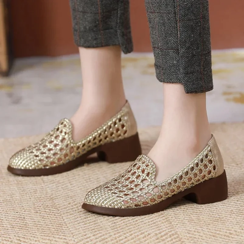 

Лето 2022, плетеные сандалии из натуральной кожи с круглым носком, удобные дышащие сандалии большого размера, женские туфли на толстой подошве на среднем каблуке