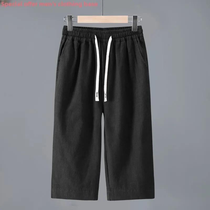 

Men's Knee-Length Seven-Foot Pants Pure Color Cotton Linen Breathable Summer Casual Pants Straight Leg Non-Stretch Trousers