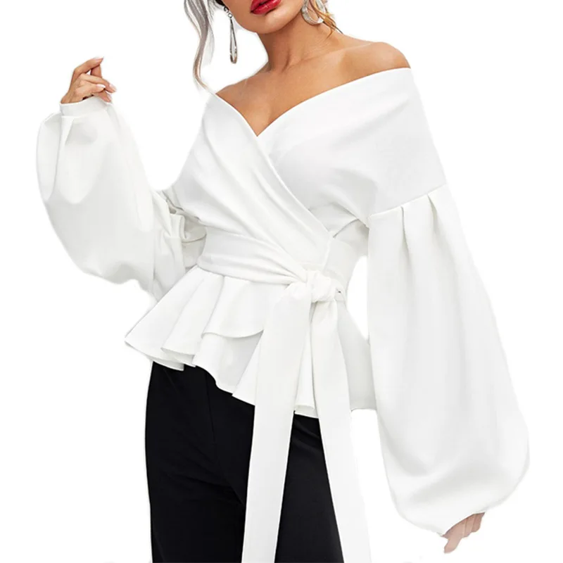 Fashion Elegant White Blouses Shirt Women\'s Sexy Off Shoulder V Neck Party Clothes For Women Lantern Sleeves Lace Up Slim Tops