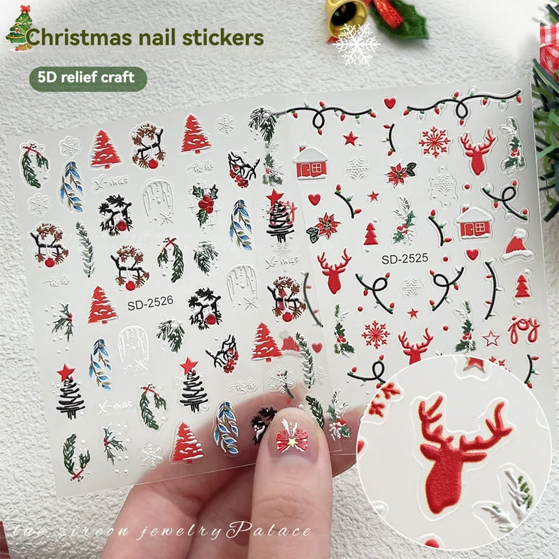 1pcs Christmas 5D Embossed Nail Art Stickers, with Cute Snowmen Reindeer & Christmas Elements Create Stereo Xmas Nail Decoration