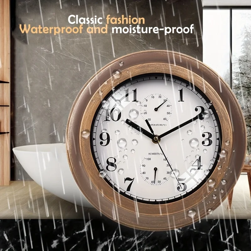 Outdoor Wall Clock Bathroom Clock Temperature Humidity Display Kitchen Moisture Resistant Waterproof Clock (Battery Not Included