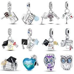 Graduation Series 925 Sterling Silver Bachelor's Hat Certificate Flowers Charms Beads 3mm DIY Fine Jewelry Making