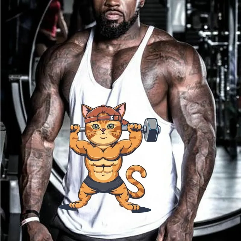 

Fun Cartoon Print Profession Raceback Gym Tank Tops Mens Bodybuilding Stringer Singlets Fitness Sleeveless Shirt Street Tops