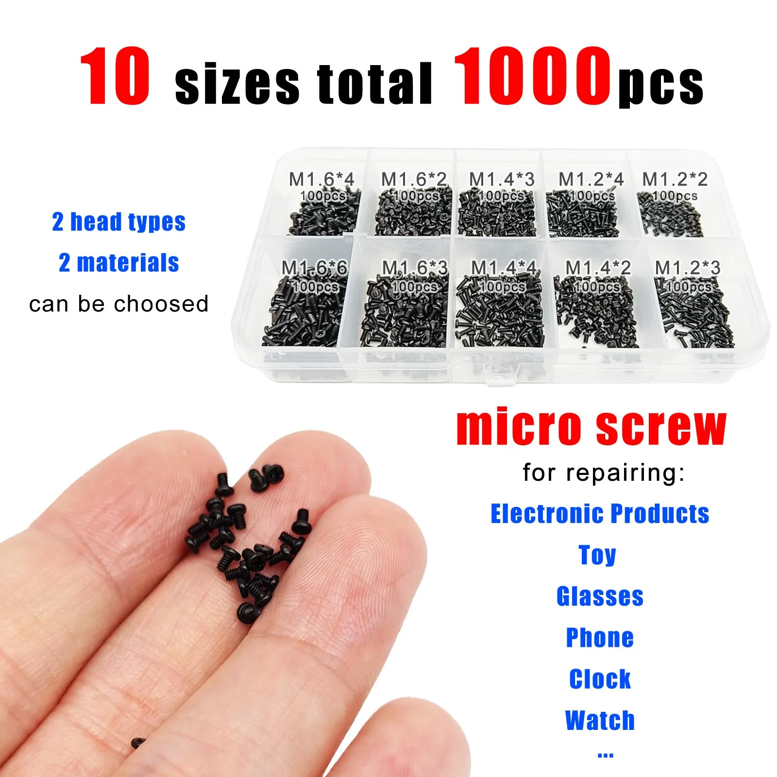 1000pc Micro Phillips Head Screw Bolt Set Kit for Toy Car Electronic Products Glasses Phone M1.2 M1.4 M1.6 Stainless Steel Black