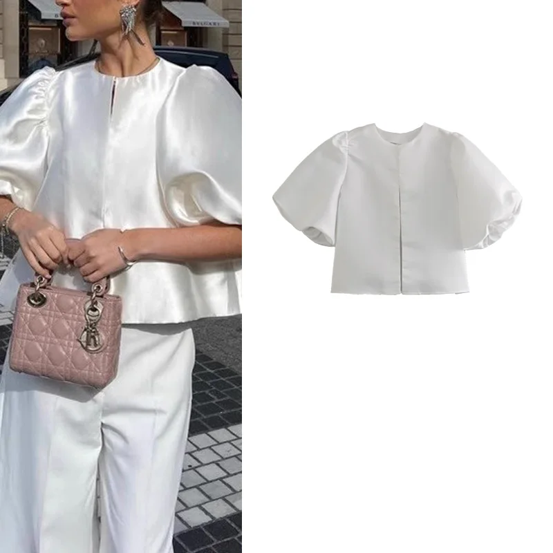 

Новый летний женский модный повседневный ор атласный белый топ Bubble Sve Sweet Sle свободного покроя круглый Ne полиэфирное волокно irt