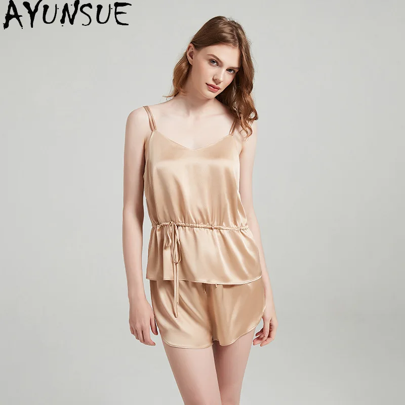 AYUNSUE 80% Mulberry Silk Pajamas for Women 19MM Silk Three-piece Pajamas 2026 Summer Sleepwear Camisole Pajama פיגמה קיץ לנשים