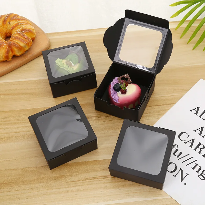 

200Pcs/Lot Black Kraft Paper Candy Box With Window Wedding Packaging Cake Box Present Packaging Box