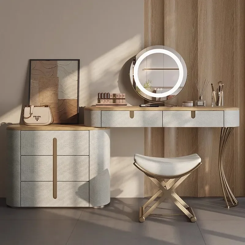 Light Luxury Solid Wood Dresser Modern Simple Vanity Table with Mirror Rock Slab Storage Small Master Bedroom Makeup Stool