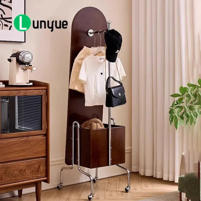 Solid Wood Coat Rack with Full Body Mirror Movable Rotating Floor Standing Hanger Household Storage Integrated Clothes