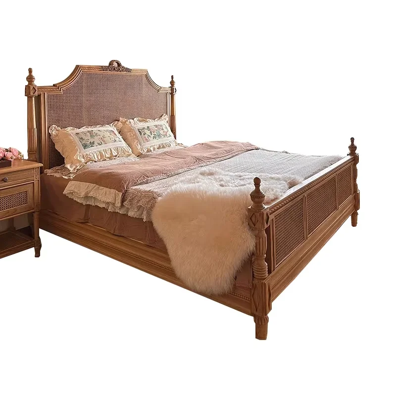 Hepburn 1.8m Retro Carved Double Bed Solid Wood Rattan French Style King Size Soft Bed for HomeStay or Hotel Master Bedroom
