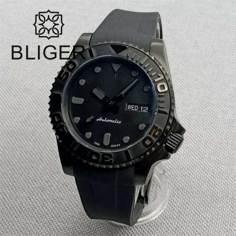 BLIGER 40mm Watch For Men NH36 Movement Week-day Display Function Full Black Dial PVD Case Curved End Rubber Strap Waterproof