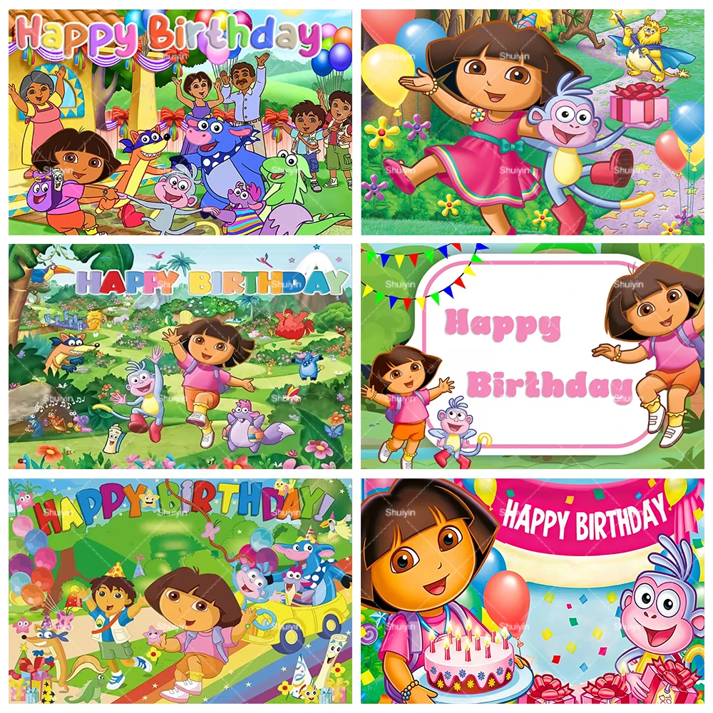 Décorations d'anniversaire pour enfants sur le thème de Dora l'exploratrice, fournitures de fête, bannière de baby shower, toile de fond pour séance photo, accessoires, cadeau