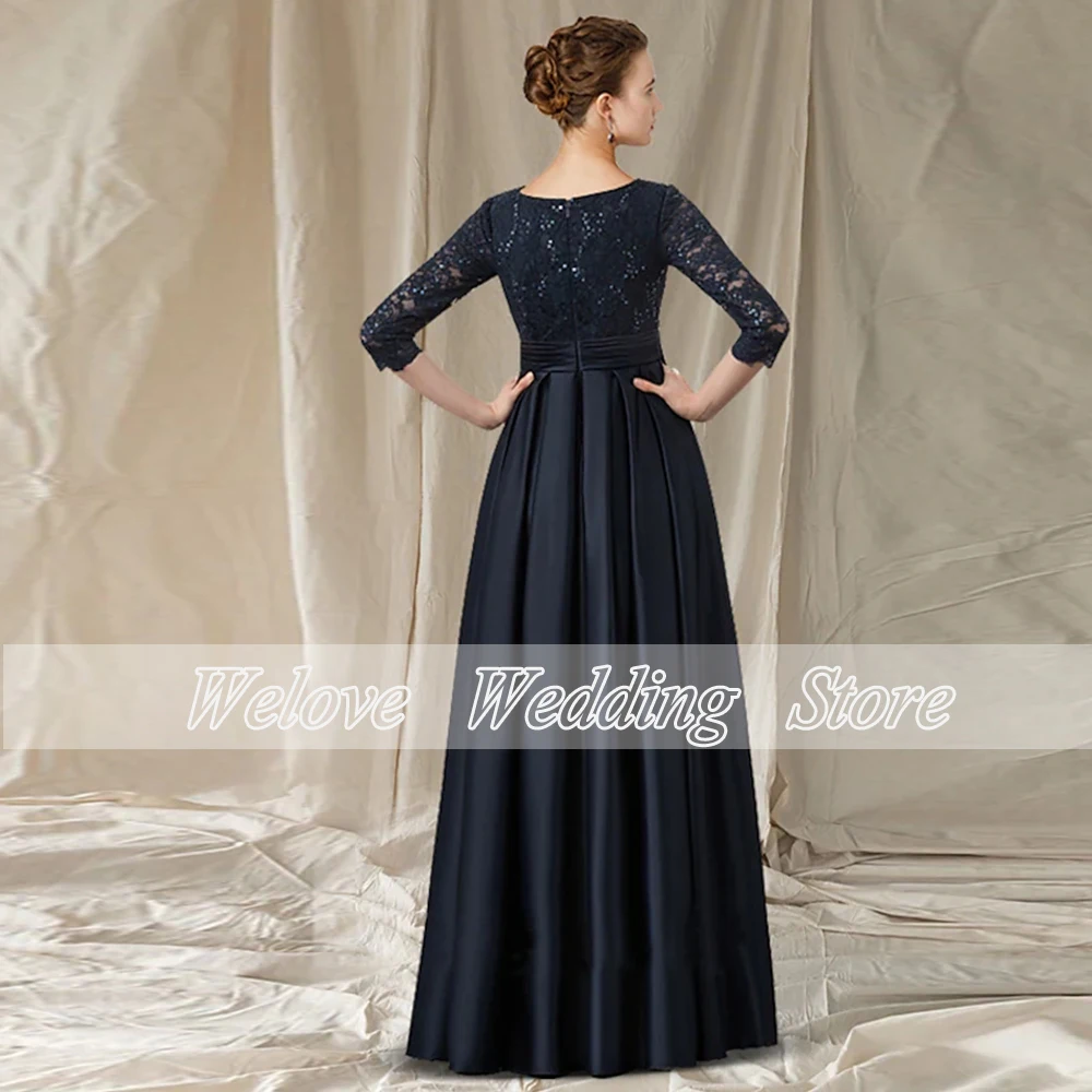 Elegant Wedding Party Gown For Woman Satin Floor Length With 3/4 Lace Sleeve V Neck With Bow Mother Of The Bridegroom Dress 2022