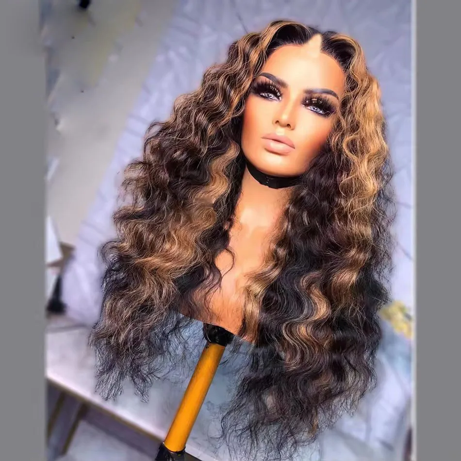 

Highlight Auburn Brown Blonde Deep Curly V Part Wigs 100%Human Hair For Black Women Water Wave Full Ends Easy Wear U Part Wigs