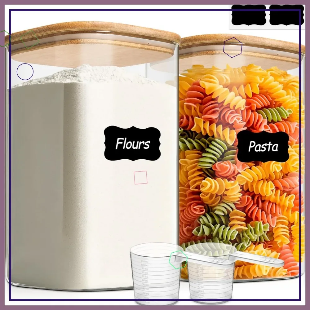 

2-Pack Wide Mouth Glass Storage Jars with Lids, 4.6 Qt for Flour, Sugar, Rice, Cereal - Square Design Saves Space