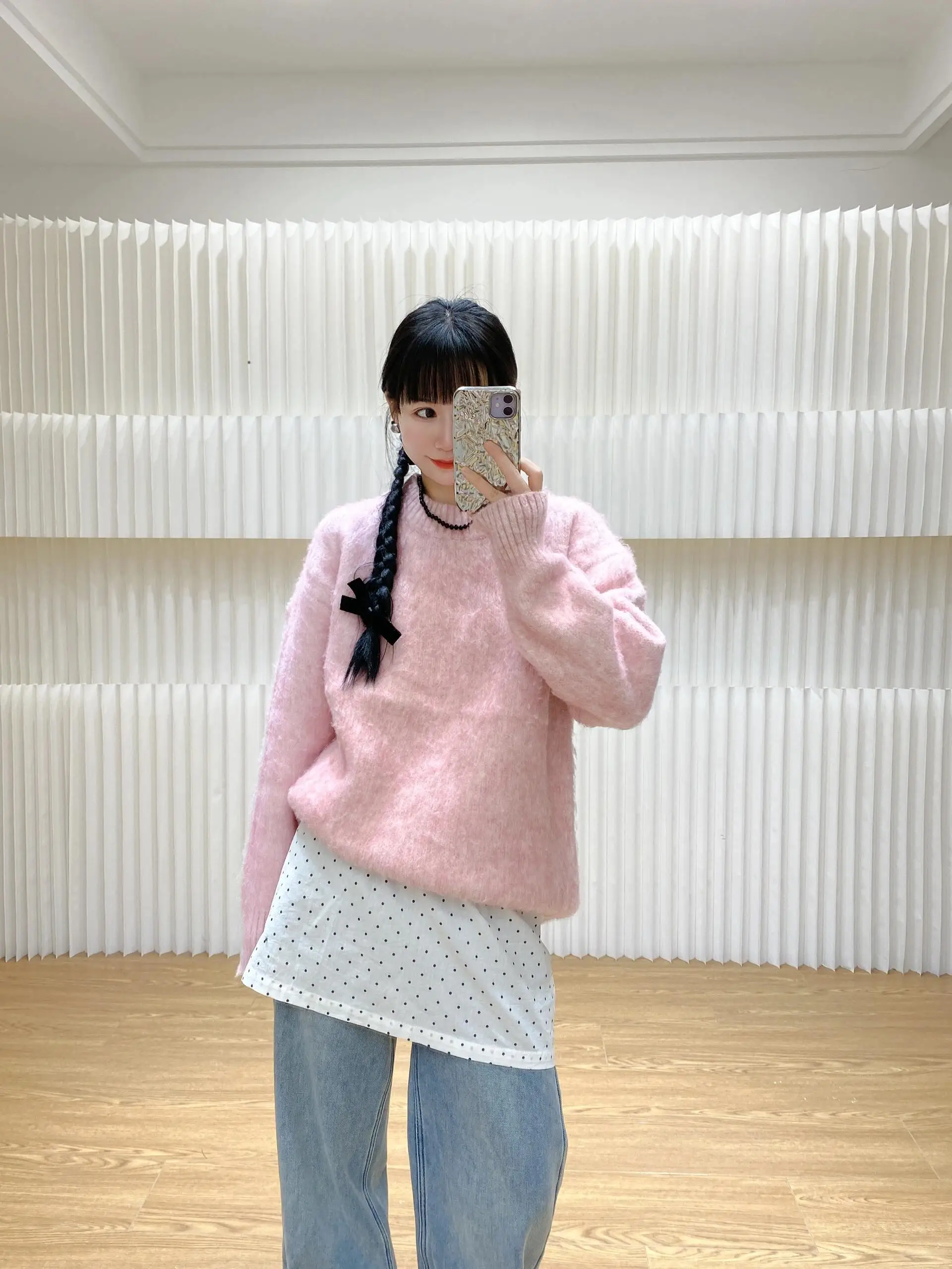 

Корейская модная полупрозрачная шифоновая юбка-фартук в горошек с кружевом, осенне-зимняя коллекция, дизайн в корейском стиле