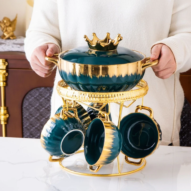 

High-grade light luxury binaural striped ceramic soup pot set tableware Phnom Penh creative ceramic household tableware with lid
