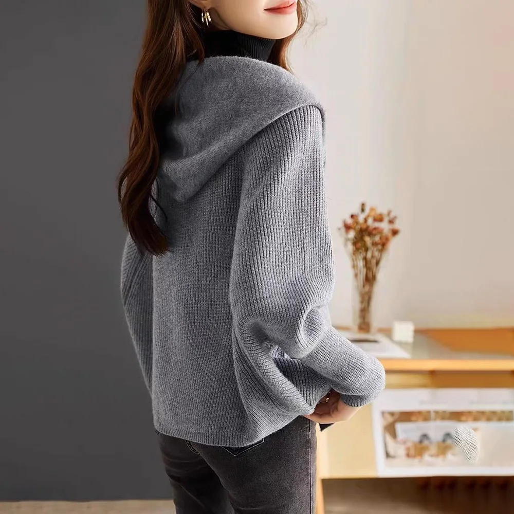 BOWEYLUN, chaqueta cárdigan de punto para ir al trabajo de Color sólido, Tops informales holgados con capucha y botones de cocodrilo para primavera y otoño para mujer