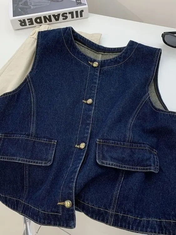 

Retro Japanese Sle Denim Vest Women's New Spring Layering Top Thin Svel Outerwear Design ort Buttoned Jaet