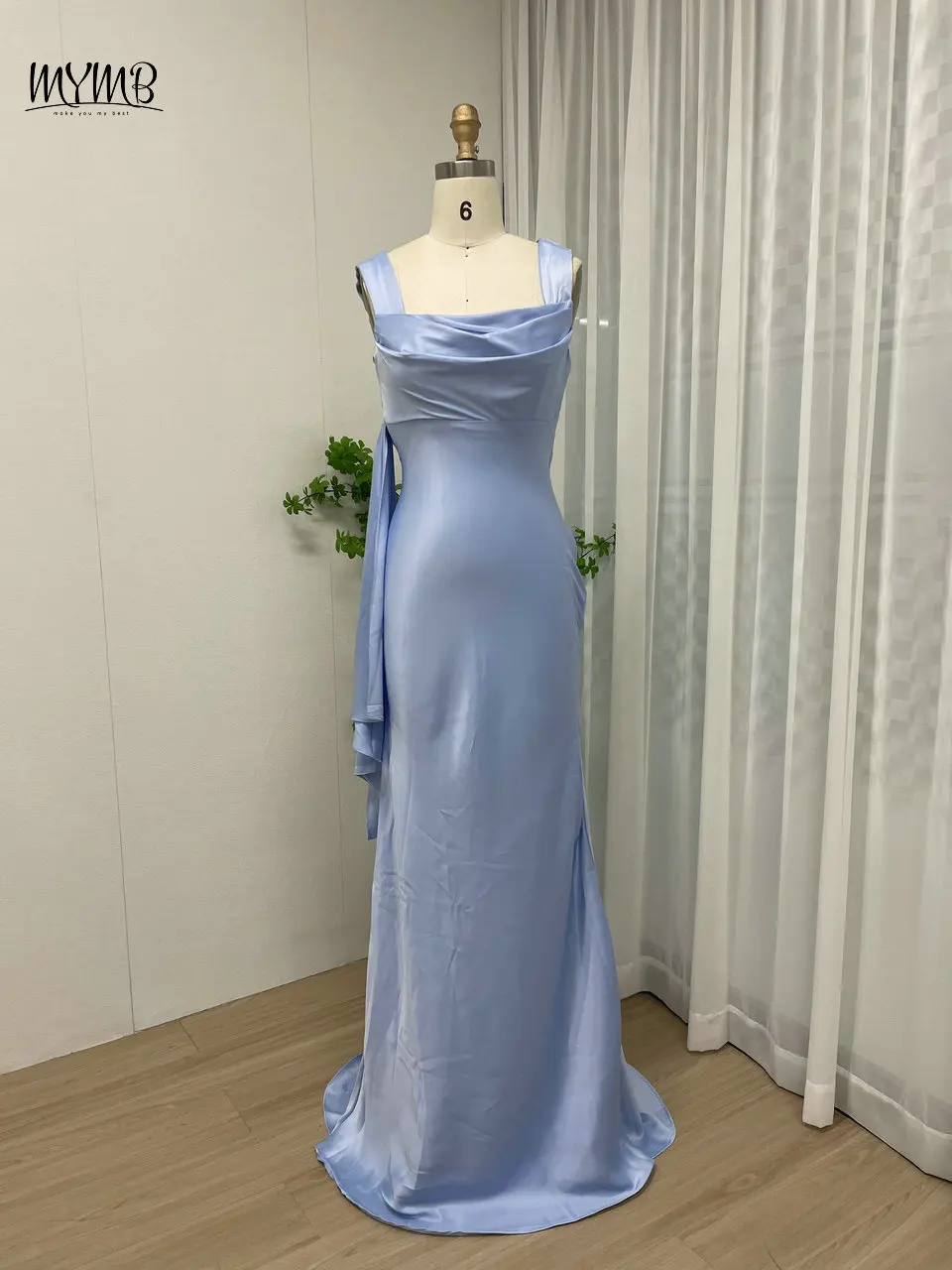 

MYMB Light Blue Simple Mermaid Satin Ladies Evening Party Dress Sexy Sleeveless Open Back Bridesmaid Prom Gowns vestidos de gala